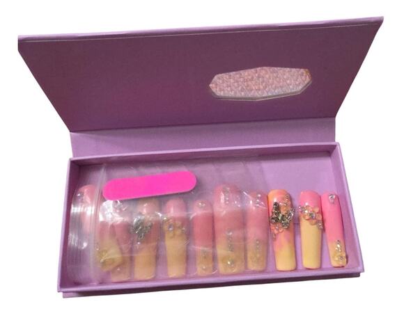 Tmani Other - Tmani Extra Long Press On Nails 10pc Pink Rhinestone Square 187L New Open Box